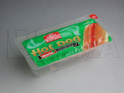 Ambalare hot dog in termoformare cu film rigid (pentru incalzirea in cuptorul cu microunde), in atmosfera modificata